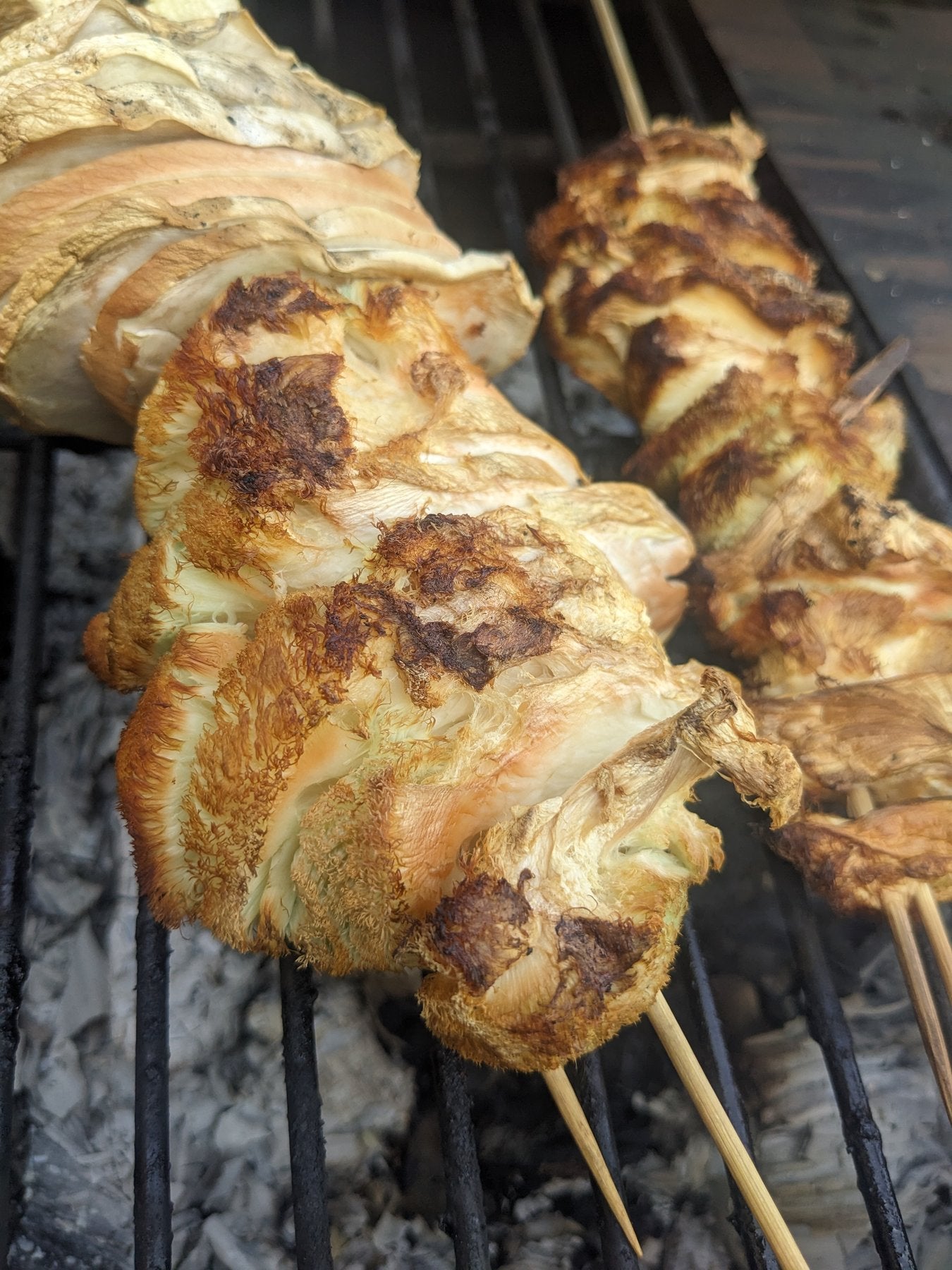 Grilled Lion's Mane mushroom skewers with golden crispy edges, Florida Shroom King