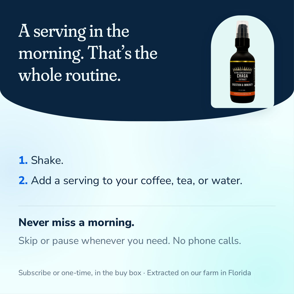 How to take Chaga extract, shake then hold a serving under your tongue or stir into water or coffee