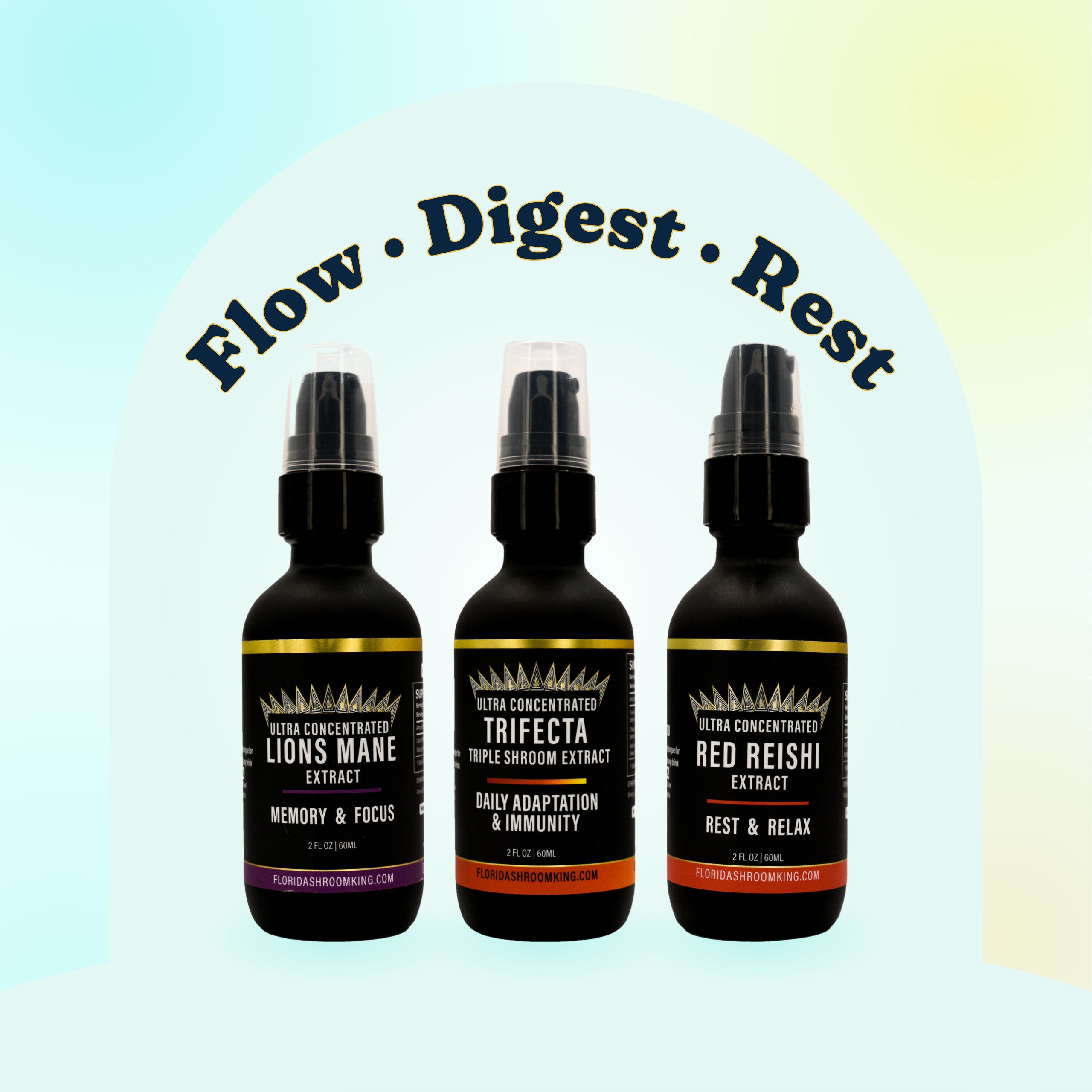 Flow + Digest + Rest Stack by Florida Shroom King, every bottle in the set together