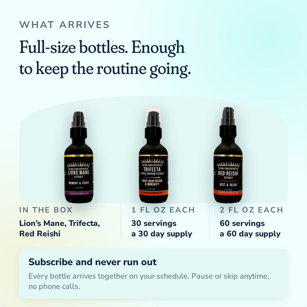 What arrives in the Flow + Digest + Rest Stack, full-size bottles with a 30 or 60 day supply
