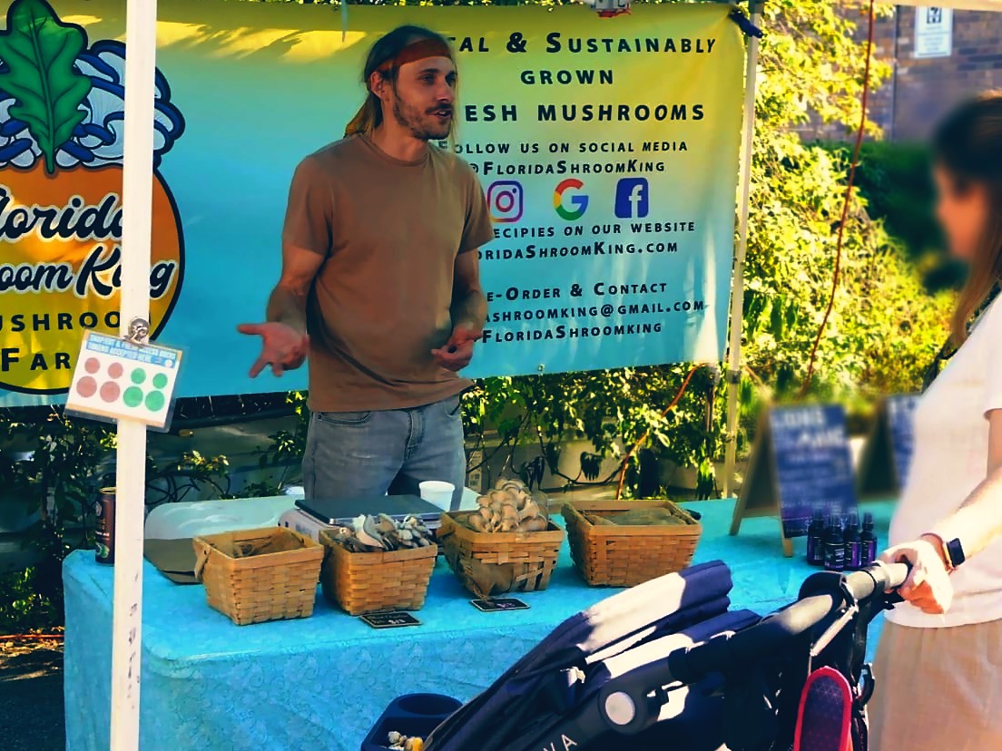 The Florida Shroom King booth at a Central Florida farmers market