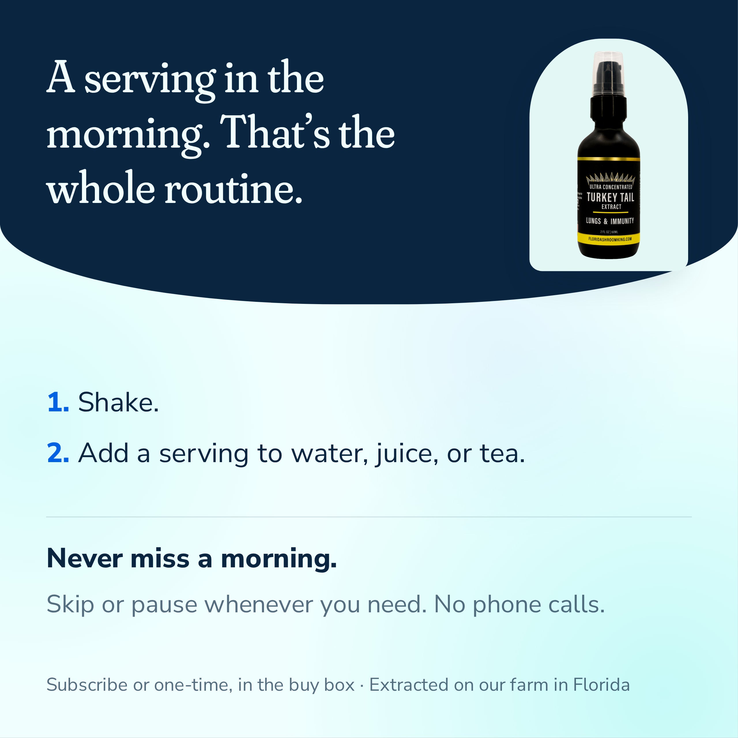 How to take Turkey Tail extract, shake then hold a serving under your tongue or stir into water or tea